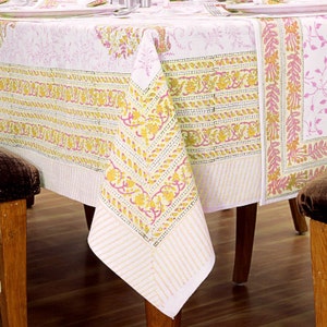Pink and Yellow on white Base Indian Hand Block Printed Cotton Tablecloth, Wedding Party Table Decor Cloth, Tale Cover For Housewarming