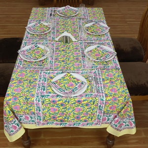 Yellow and Pink Rectangle Block Print Table Cover, Floral Print Tablecloth for Farmhouse Party Wedding Home Housewarming Baby Shower