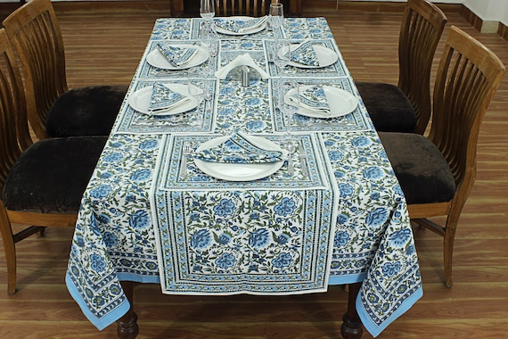 Florale blau-weiße Tischdecke, Esstischdecke aus Baumwolle, handgefertigte Tischsets und Servietten, Wohndekoration