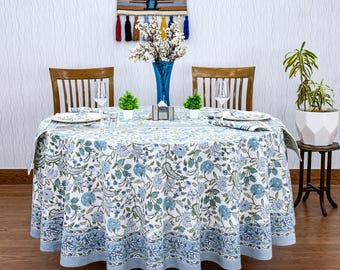 Baby Blue and White Floral Block Printed Table Cover, Round Tablecloth, Luxury Cotton Tablecloth, Dining Table Linenes, Table Top