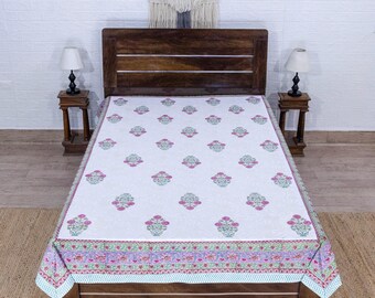 Hand Block Print Cotton Bedsheet, White and Pink Color Beautiful Bed Cover, Bedsheet For Twin, Queen, King, Floral Bedsheet