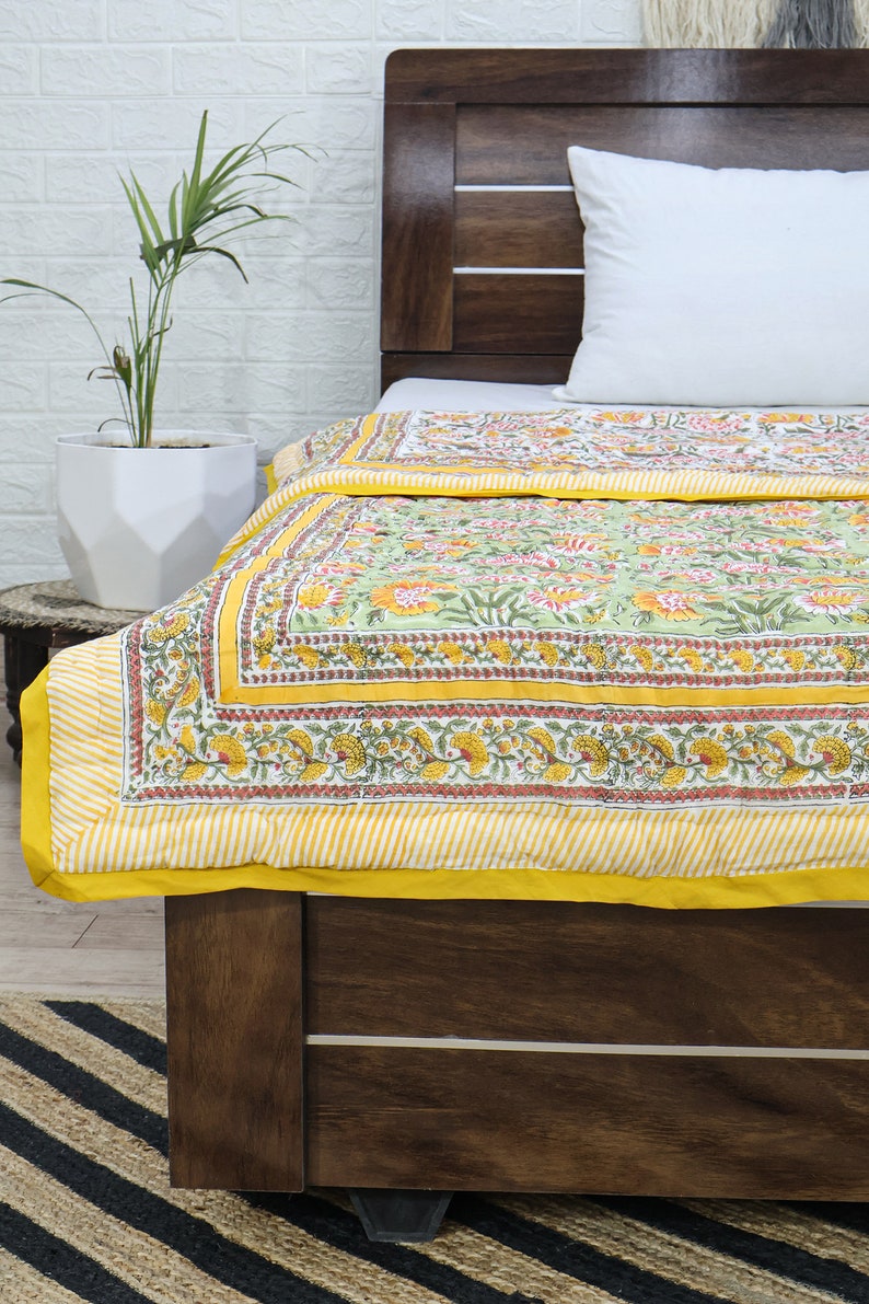Yellow and Green Indian Hand Block Floral Printed Cotton Quilts Reversible Jaipuri Razai King Quilts Queen Size Quilts Gifts for Dad
Handmade Razai
Cotton Quilt Razai
Reversible Razai
Throw Quilted 
Boho Hippie Quilt
Blanket Razai
Housewarming Gifts