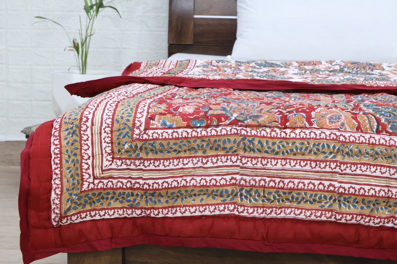 Red Razai Red Brown and Blue Grey Indian Hand Block Printed Cotton King Size ...