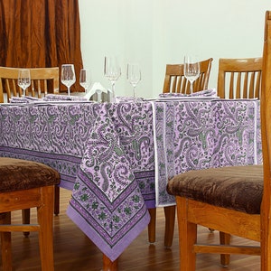 Purple and Green Block Print Tablecloth,Garden Tablecloth, Indian Table Linen, Floral Dinning TableCloth,New Year Party Tablecloth