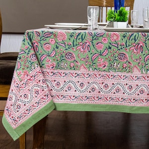 Hand Block Printed Cotton Tablecloth: Pink & Green Floral Dining Decor, Valentines Gifts image 7