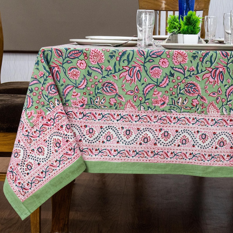 Hand Block Printed Cotton Tablecloth: Pink & Green Floral Dining Decor, Valentines Gifts image 7