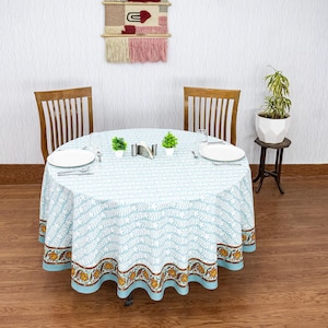 Blue Floral Round Tablecloth, Indian Hand Block Prints, Circle Tablecloths, Luxury Cotton Tablecloths,  Everyday Use Dinner Party, Gifts