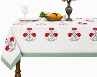 Indian Red  Flower Block Print tablecloth Cotton Table Cover Table Runner Linens With Napkins Set Kitchen Dining Table Boho Decor