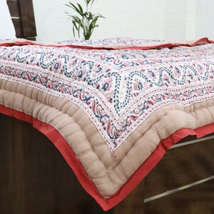 Cream Multicolor  Hand Block Printed Quilted Blanket 100% Cotton Quilt, Aesthetic Winter Warm Quilt, Luxury Reversible Quilt Jaipur Razai