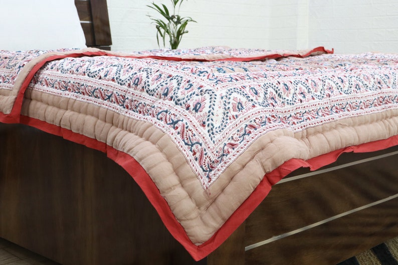 Cream Multicolor  Hand Block Printed Quilted Blanket 100% Cotton Quilt, Aesthetic Winter Warm Quilt, Luxury Reversible Quilt Jaipur Razai