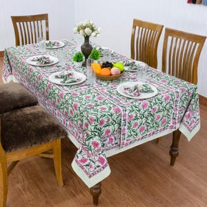 Cubierta de mesa estampada con bloque floral azul y blanco, mantel de algodón de lujo, servilletas impresas en bloque, ropa de mesa india