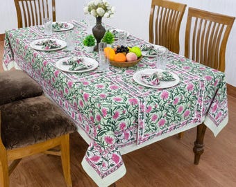 Pink and Green Indian Hand Block Printed Tablecover, Floral Print Tablecloth, Dinning Table Cover for Kitchen Restaurant and Christmas Party