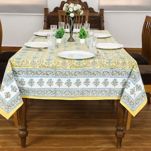 Skyblue and Yellow, Wedding Party Tablecloth, Dining Table Linens, Floral Block Printed Tablecloth, Rectangle cloth, Tablelcoth For Gifts