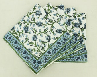 Blue and Green Floral Indian Hand Block Printed Cotton Cloth Napkins For Dinner Party Housewarming Pure Cotton Handkerchief, Valentine Gifts