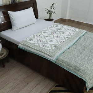 Green and White Block Printed Razai, Rajasthani  Handmade Floral Printed Pure Cotton Comforter, Reversible Ethnic Coverlet Razai Queen Size