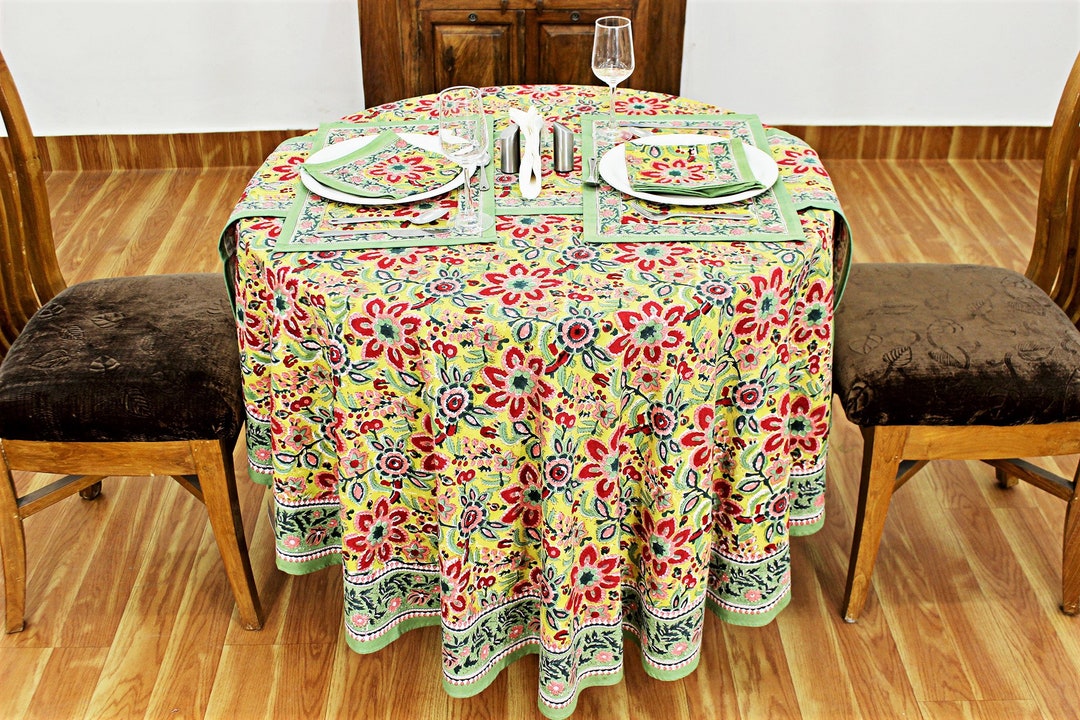 Red Floral Round Tablecloth, Indian Block Print Round Table Cover ...