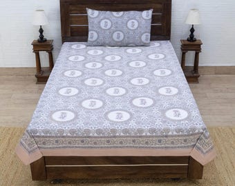 Drap de lit en coton beige et blanc avec taie d'oreiller - Motif cachemire - Linge de maison traditionnel indien - Drap pour cadeau