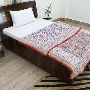 Cream Multicolor  Hand Block Printed Quilted Blanket 100% Cotton Quilt, Aesthetic Winter Warm Quilt, Luxury Reversible Quilt Jaipur Razai