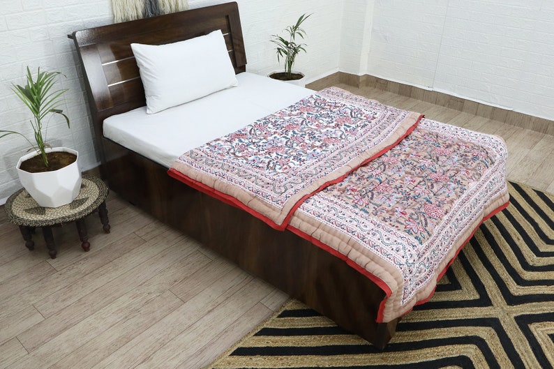 Cream Multicolor  Hand Block Printed Quilted Blanket 100% Cotton Quilt, Aesthetic Winter Warm Quilt, Luxury Reversible Quilt Jaipur Razai