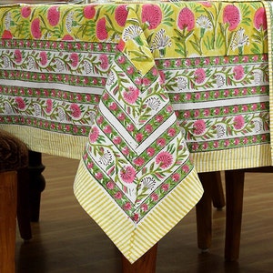 Yellow and Brick Red Floral Block Printed Cotton Tablecloth, House Warming Gift For Her, Wedding Party Table Decor Table Cover