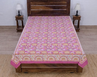 Hand Block Print Cotton Bedsheet, Pink Color Floral Bed Cover, Bedsheet For Twin, Queen, King, Christmas Gifts