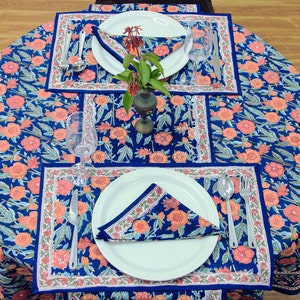 Blue and Red Floral Block Print Tablecloth, Dining Round Table Cover, Handmade Boho Table Cloth, Christmas Tabel Linen, Wooden Block Prints