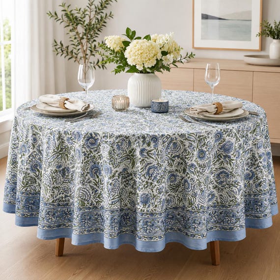 Blue and White Dining Tablecloth, 100% Pure Cotton Table Cover, Wedding Gift, Block Printed Mats & Napkins, Table Top