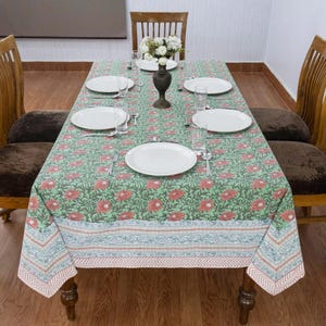 Hand Block Printed Green Cotton Tablecloth: Boho Indian Dining Decor