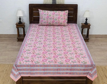 Hand Block Printed Floral Cotton Bedsheet – Pink and Blue, Twin/Queen/King