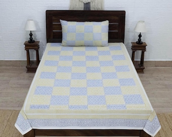 Yellow & Blue Floral Hand Block Printed Cotton Bedsheet, Indian Traditional Single Bed Sheet – Handmade Bedding Christmas Gifts
