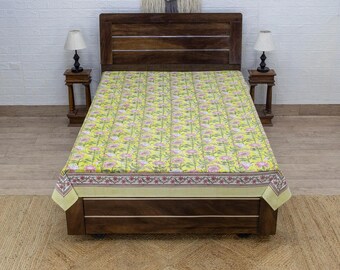 Hand Block Print Cotton Bedsheet, Yellow Color Beautiful Bed Cover, Bedsheet For Twin, Queen, King, Floral Bedsheet, Christmas Gifts