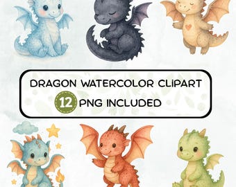 17 PNG Dragon Watercolor Clipart, Cute Baby Dragon, Magical Dragon, Fairy Tale Dragon Clipart, Baby Dragon Clipart, Printable Cliparts