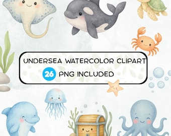 26 Under the Sea Watercolor Clipart, Cute sea animals clipart, Kids Nursery Art, ocean animals png, nursery decor, octopus, jellyfish, whale