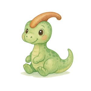 May include: A green cartoon dinosaur with a brown horn on its head. The dinosaur is sitting with its legs crossed and has a friendly expression on its face.