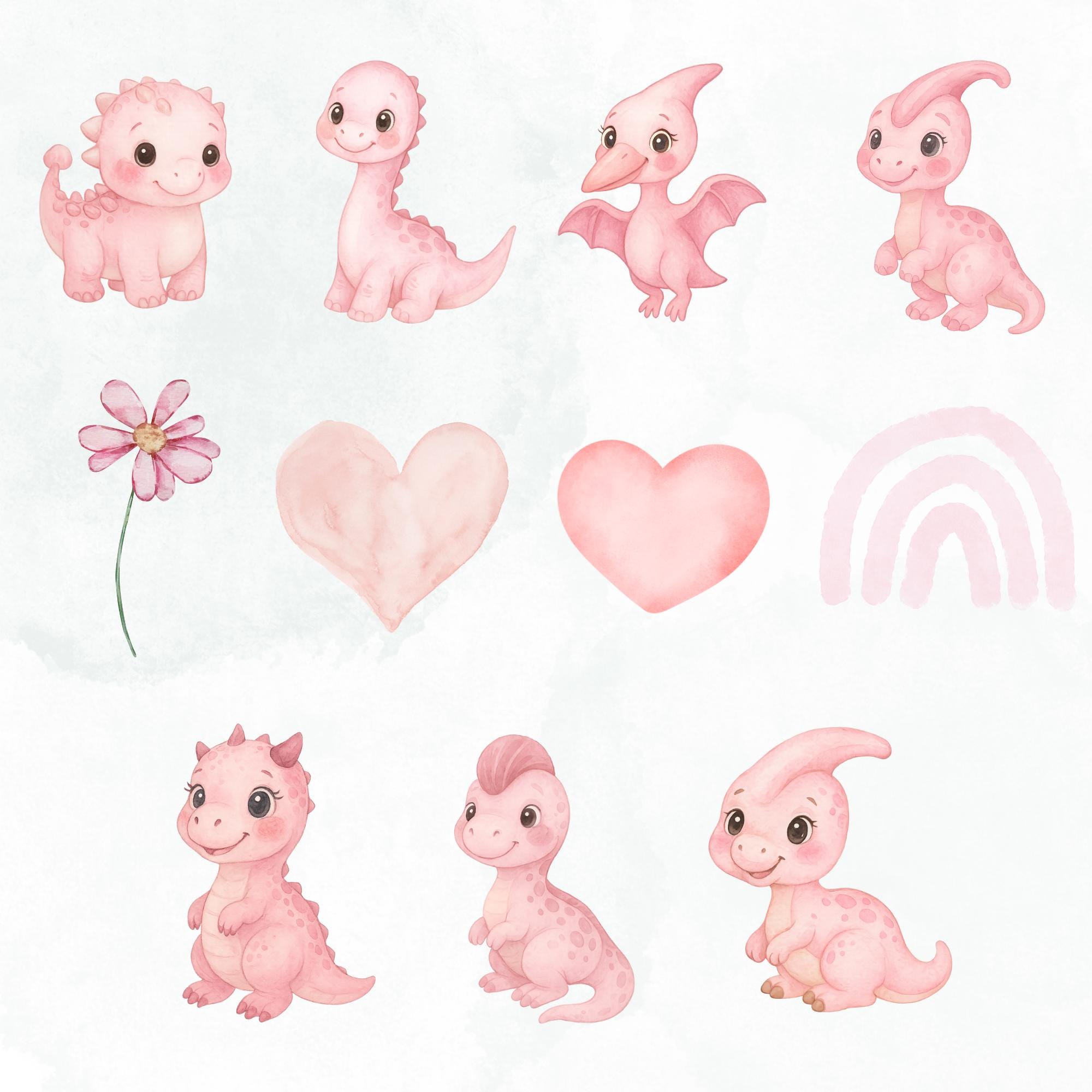 Dinosaurs Watercolor Clipart, Baby Dino Birthday, Girly Dinosaur, Cute ...