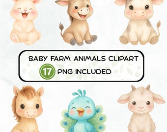 Watercolor Farm Animals Clipart, Baby Animals, Cute Animals Clipart, Boho Farm Cottagecore Animals, Baby Shower Clipart, Nursery Clipart