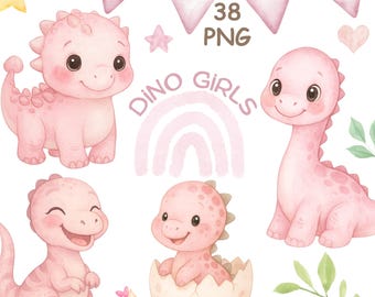 May include: A collection of pink watercolor dinosaur illustrations with the text "DINO GIRLS" and "38 PNG". The image includes various dinosaurs, a rainbow, stars, hearts, and a cupcake. The dinosaurs are in different poses, some are hatched from eggs.