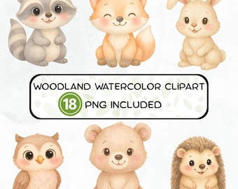 Watercolor Woodland Clipart, Cute Animals PNG, Baby Shower Clipart, Forest Animals Clipart, Woodland Nursery, Baby Animal PNG, Boho Animals