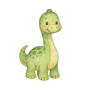 May include: A green cartoon dinosaur with a long neck and a friendly smile. The dinosaur has yellow accents on its neck and green spots on its body.