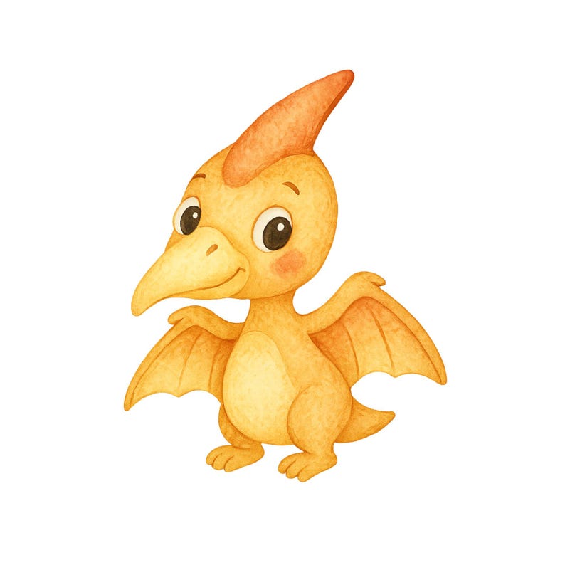 May include: A cartoon illustration of a yellow baby pterodactyl with orange wings and a red crest. The pterodactyl has big, round eyes and a small, pointed beak.