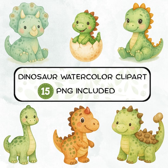 15 PNG Watercolor Cartoon Dinosaur Clipart, Baby Dinosaur Clipart, Dino Birthday Party Decor, Cute Dinosaurs, Printable Watercolor clipart