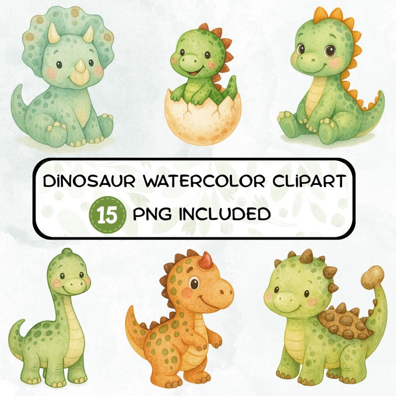 May include: A set of 15 watercolor dinosaur clipart images. The dinosaurs are in various poses, including standing, sitting, and hatching from an egg. The dinosaurs are green, orange, and brown.