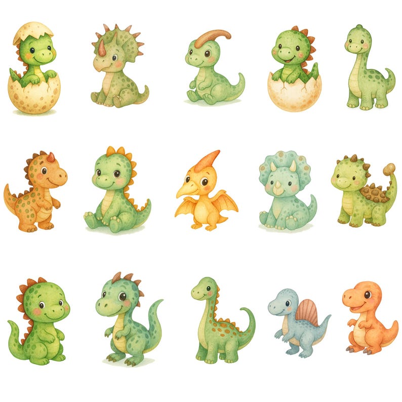 May include: A set of 12 adorable cartoon dinosaur illustrations. The dinosaurs are in various poses and colors, including green, yellow, blue, and brown. They are all smiling and have big eyes.