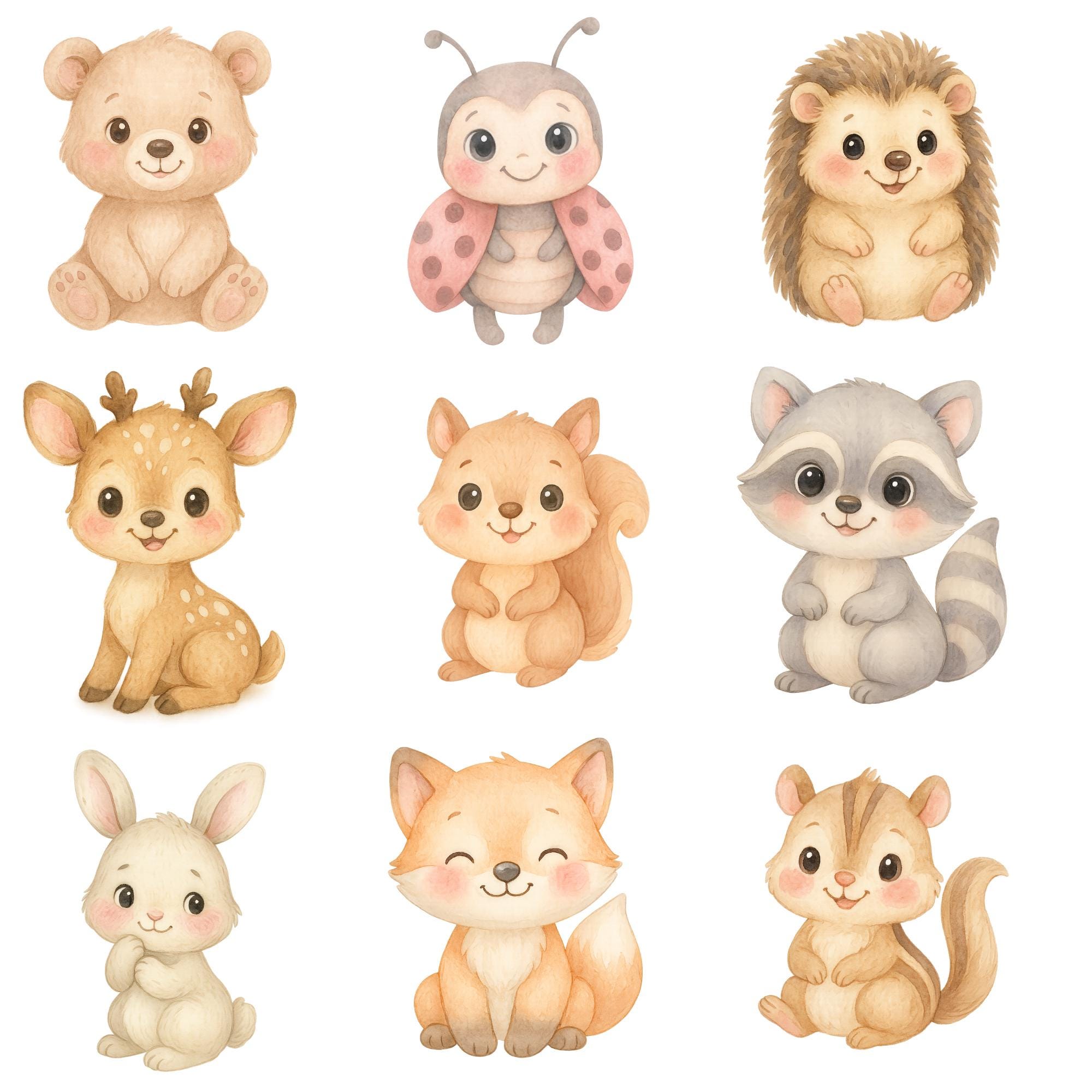 Watercolor Woodland Clipart, Cute Animals PNG, Baby Shower Clipart ...