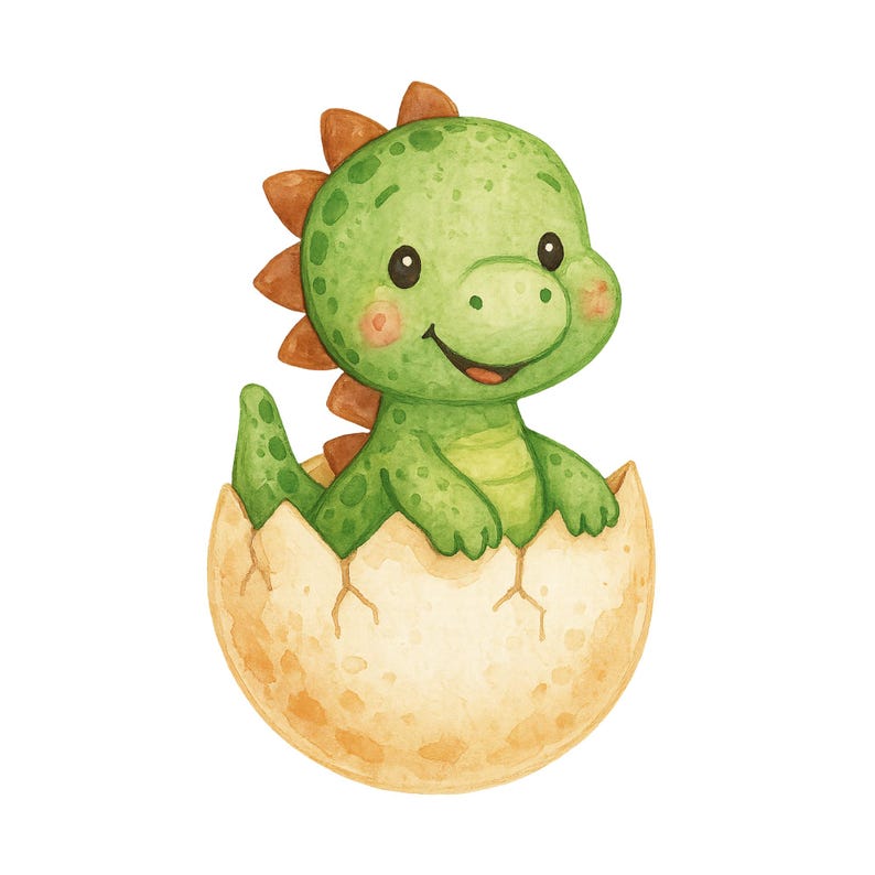 May include: A green dinosaur with orange spikes hatching from a yellow egg. The dinosaur has a big smile and is looking to the right.