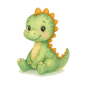 May include: A cute green cartoon dinosaur with orange spikes on its back and tail. The dinosaur is sitting with its legs crossed and has a friendly smile.
