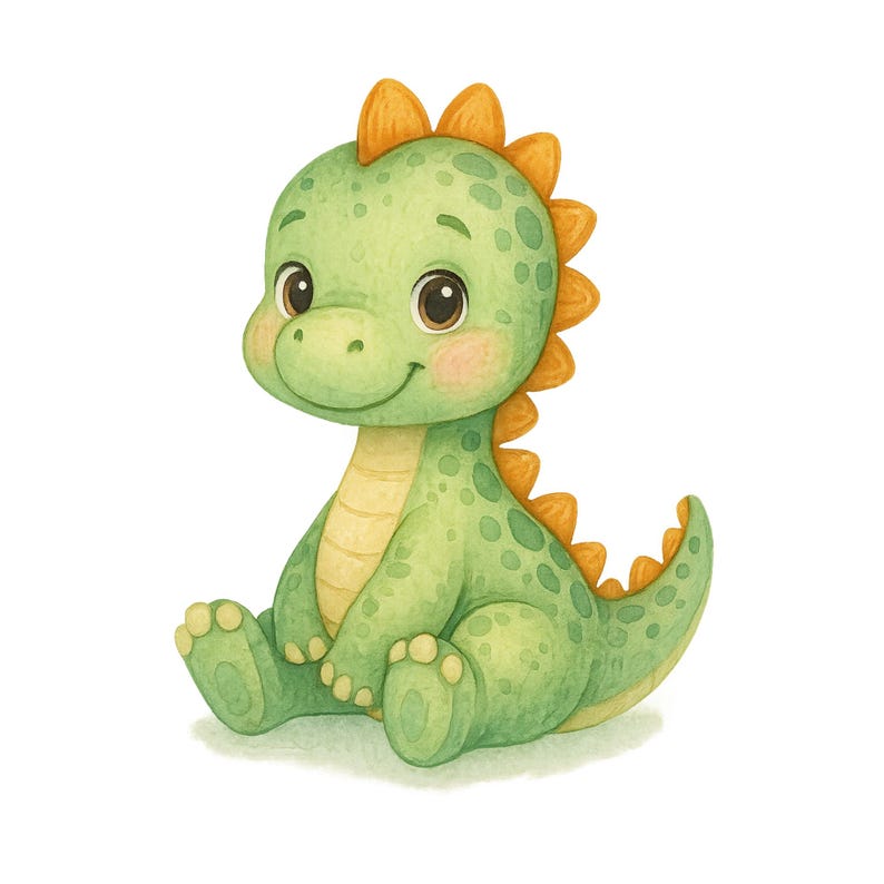 May include: A cute green cartoon dinosaur with orange spikes on its back and tail. The dinosaur is sitting with its legs crossed and has a friendly smile.