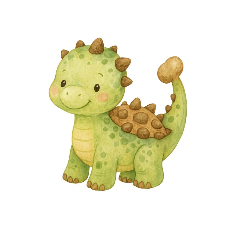 May include: A cartoon illustration of a green dinosaur with brown spots on its back. The dinosaur has a friendly expression and is standing on all fours.
