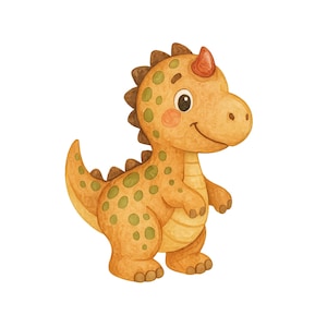 May include: A cartoon illustration of a cute, brown dinosaur with green spots. The dinosaur has a red horn on its head and is smiling.