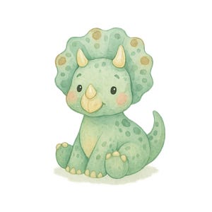 May include: A cute green watercolor illustration of a cartoon triceratops dinosaur with yellow horns and a yellow nose. The dinosaur is sitting with its tail curled behind it.